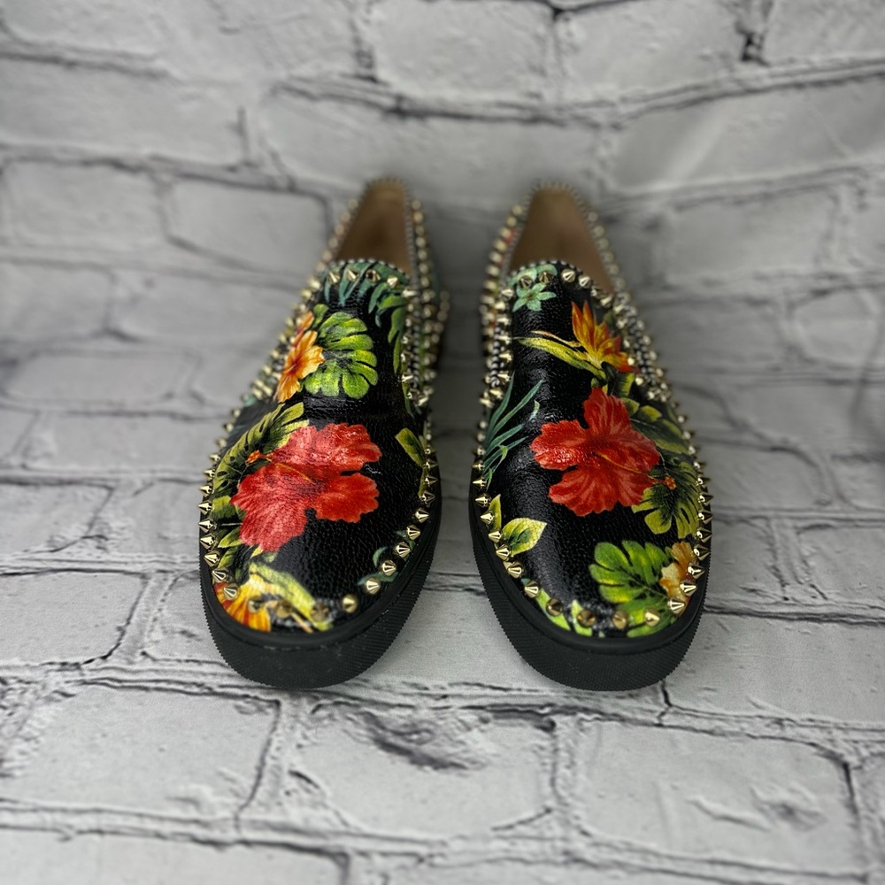 Christian Louboutin Men’s Hawaii  Pik Boat Black Spiked Floral Slip-ons Size
